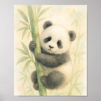Watercolor Illustratie van Pandawelp op Bamboe Poster