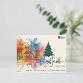 Watercolor Ink Blue Print Architecture Christmas Feestdagenkaart (Staand voorkant)