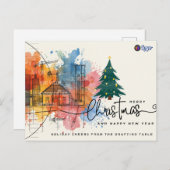 Watercolor Ink Blue Print Architecture Christmas Feestdagenkaart (Voorkant / Achterkant)