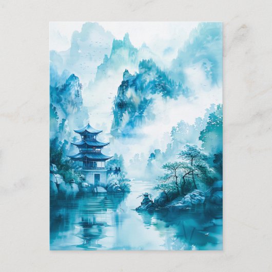 Watercolor ink of Chinese landscape on a lake Briefkaart (Voorkant)
