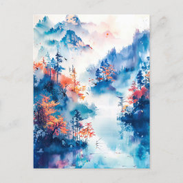 Watercolor ink of Chinese landscape on a lake Briefkaart