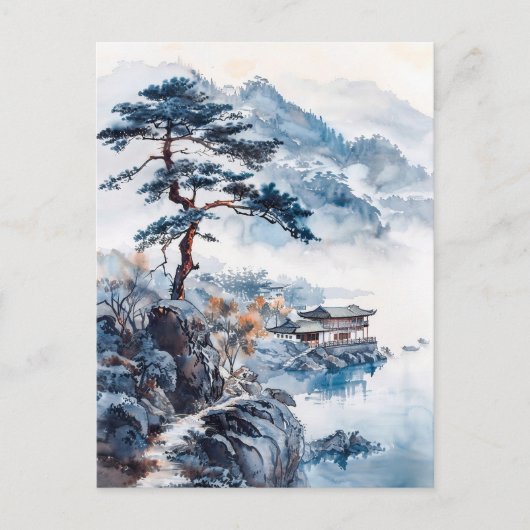 Watercolor ink of Chinese landscape on a lake Briefkaart (Voorkant)