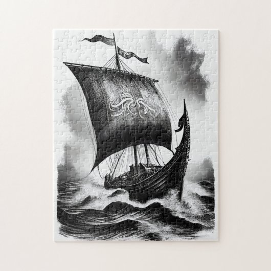 Watercolor inktpotlood van Vikings dragenschip Legpuzzel (Verticaal)