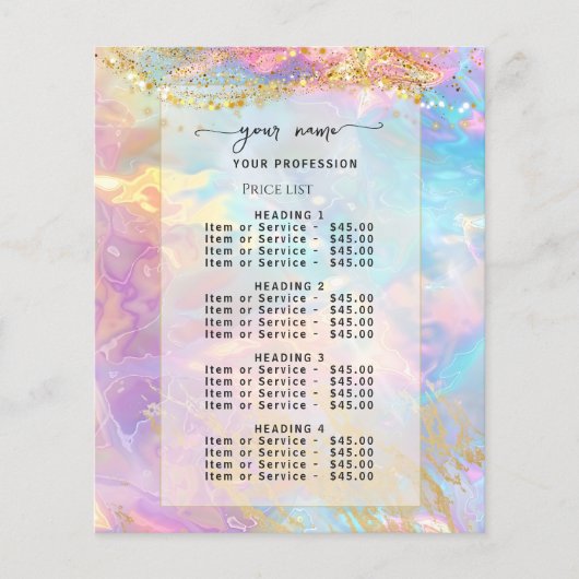 Watercolor Iriserende opaal steen Prijslijst Menu (Voorkant)