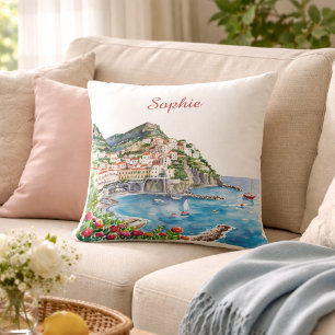 Watercolor Italiaanse Amalfikust Naam Kussen