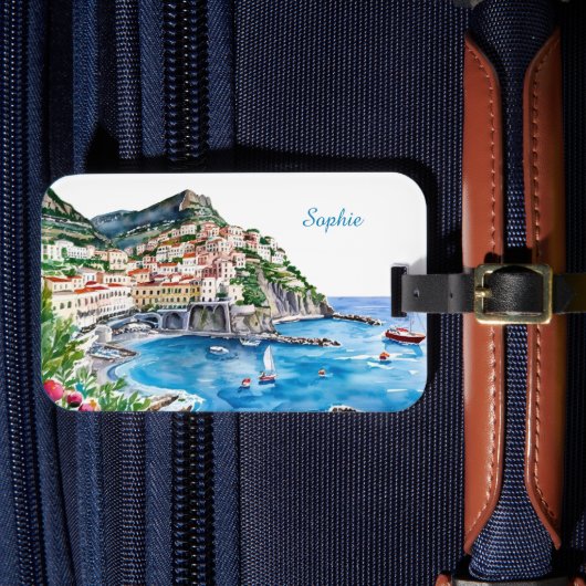 Watercolor Italian Amalfi Coast Name Bagagelabel (Voorkant Insitu 4)