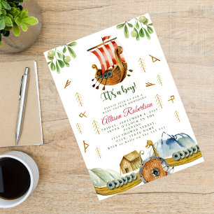 Watercolor It's A Boy Vikings Feest Baby Shower Kaart
