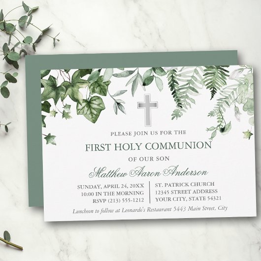 Watercolor Ivy Ferns Sage Green Communion Kaart