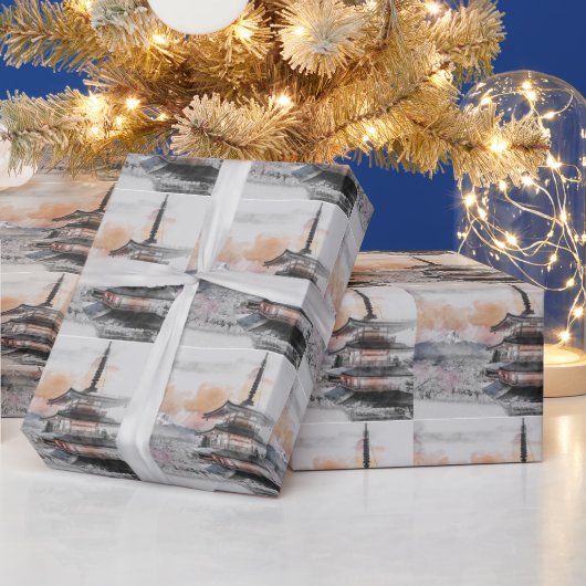 Watercolor Japanese Pagoda & Fuji  Cadeaupapier (Feestdagen)