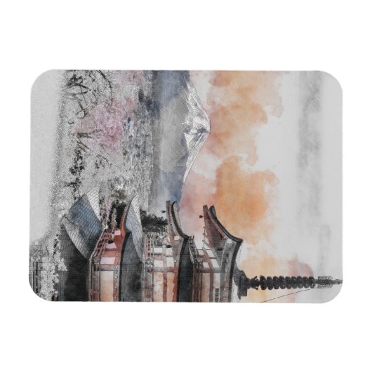 Watercolor Japanese Pagoda & Mt. Fuji Magneet (Horizontaal)