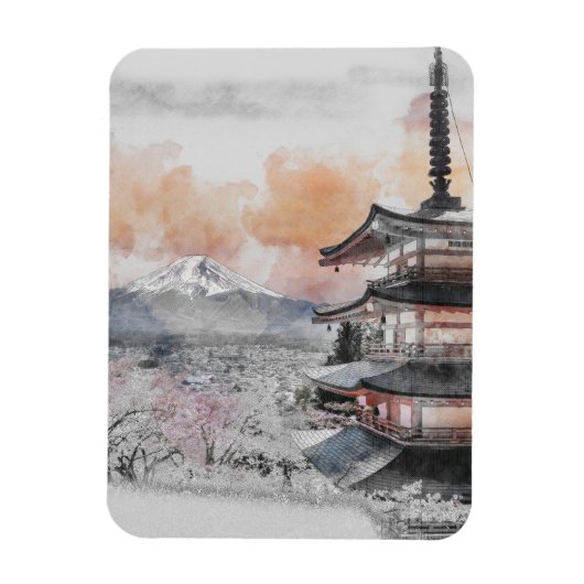 Watercolor Japanese Pagoda & Mt. Fuji Magneet (Verticaal)
