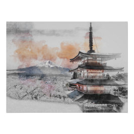 Watercolor Japanese Pagoda & Mt. Fuji Perfect Poster