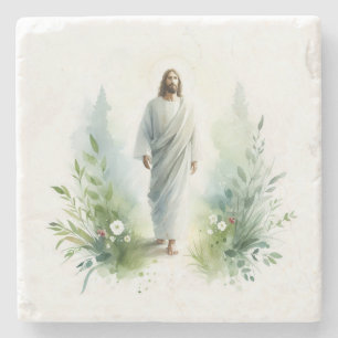Watercolor Jesus Christ with Botanical Elements Stenen Onderzetter