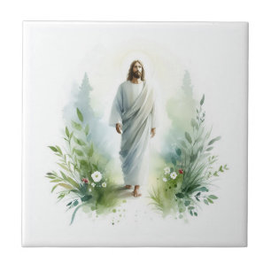 Watercolor Jesus Christ with Botanical Elements Tegeltje
