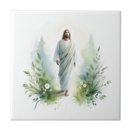 Watercolor Jesus Christ with Botanical Elements Tegeltje (Voorkant)