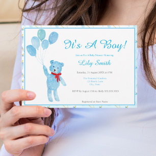 Watercolor Jongen Teddybeer Ballonnen Baby Shower Kaart