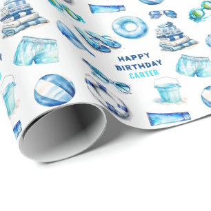 Watercolor Jongens Zwembadfeestje Zomer Cadeaupapier