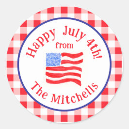 Watercolor July 4th Flag Red Check NAME Ronde Sticker