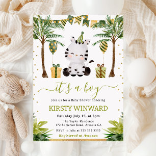 Watercolor Jungle Zebra Baby Jongens Baby Shower Kaart