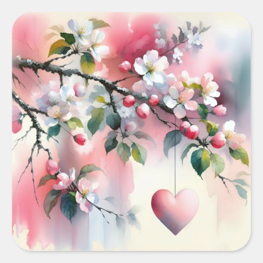 Watercolor Kappelboom Met Hart  Vierkante Sticker (Voorkant)