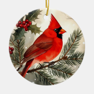 Watercolor Kardinaal op Dennen Tak Kerst Rond Keramisch Ornament
