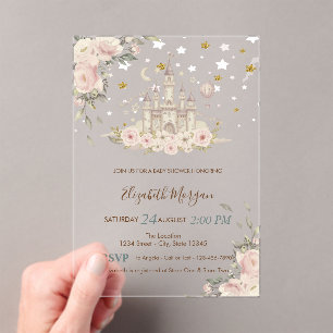 Watercolor Kasteel,Bloemen,Gouden Sterren Baby Sho Acryl Uitnodigingen