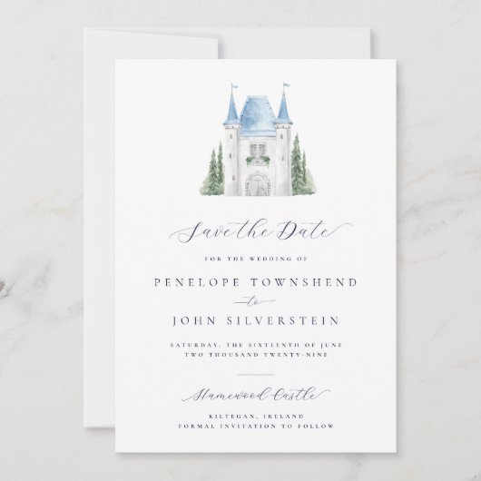 Watercolor Kasteel Script Trouwdag Save The Date (Voorkant)