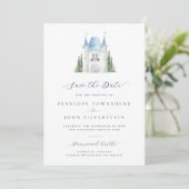 Watercolor Kasteel Script Trouwdag Save The Date (Staand voorkant)