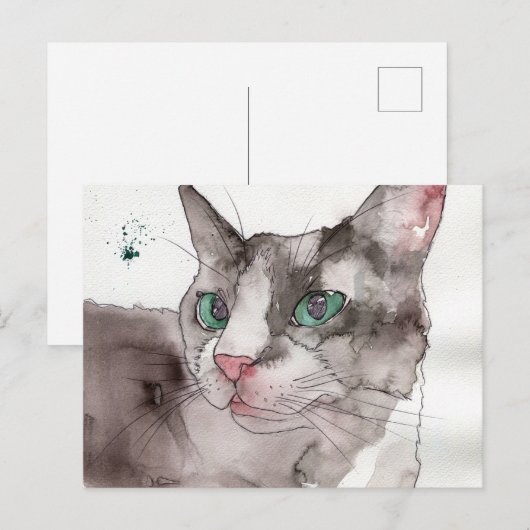 Watercolor Kat Briefkaart (Voorkant / Achterkant)
