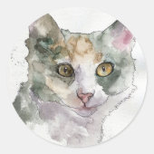 Watercolor Kat Ronde Sticker (Voorkant)