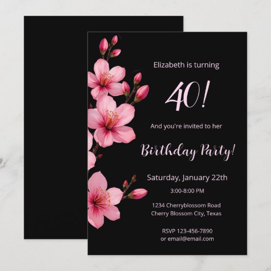 Watercolor Kersenbloesem Roze Zwart Verjaardag Kaart (Voorkant / Achterkant)