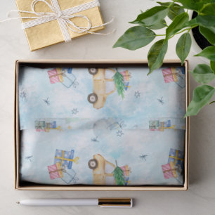 Watercolor Kerst Auto en Cadeaus Vakantiepatroon Tissuepapier