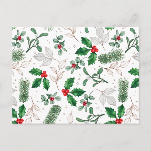 Watercolor Kerst Bladeren en Bessen Wit Briefkaart (Voorkant)