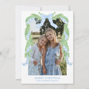 Watercolor Kerst Blauwe Strik Slinger Foto Feestdagenkaart