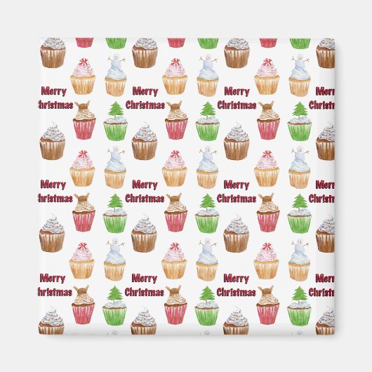 Watercolor Kerst Cupcakes Prettig Kerstfeest Magneet (Voorkant)