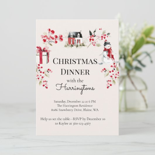 Watercolor Kerst Dinner Uitnodiging (Staand voorkant)