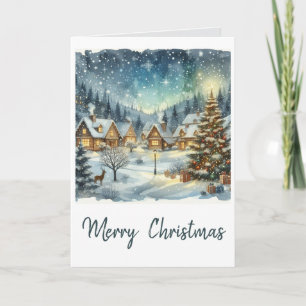 Watercolor Kerst Dorps Vakantie Kaart