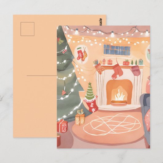 Watercolor Kerst Haard Briefkaart (Voorkant / Achterkant)