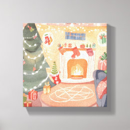 Watercolor Kerst Haard Canvas Afdruk