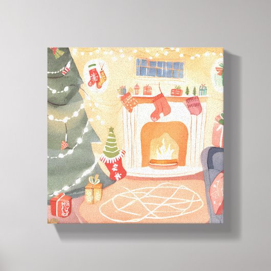 Watercolor Kerst Haard Canvas Afdruk (Voorkant)