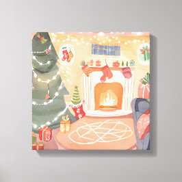 Watercolor Kerst Haard Canvas Afdruk