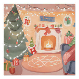 Watercolor Kerst Haard Perfect Poster