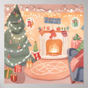 Watercolor Kerst Haard Poster