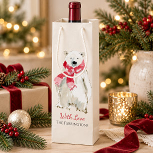 Watercolor Kerst IJsbeer Met Rode Sjaal Wijn Cadeautas