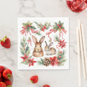 Watercolor Kerst Konijnen Bloemen Servet