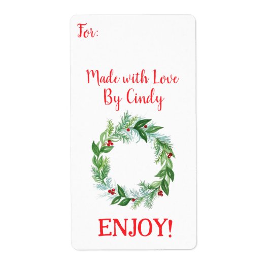 Watercolor Kerst Krans GEMAKT MET LIEFDE Etiket (Voorkant)