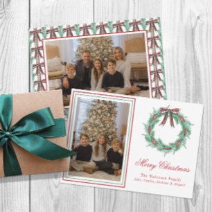 Watercolor Kerst Krans met Strik en Plaid Foto Feestdagenkaart