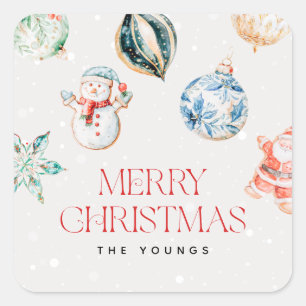 Watercolor Kerst Ornamente Prettig Kerstfeest Vierkante Sticker