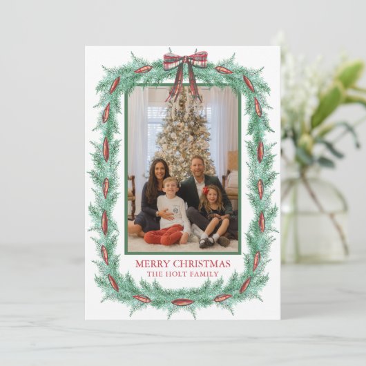 Watercolor Kerst Plaid Boog Guirlande Foto Feestdagenkaart (Staand voorkant)