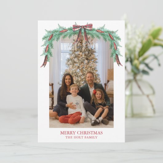 Watercolor Kerst Plaid Boog Guirlande Foto Feestdagenkaart (Staand voorkant)